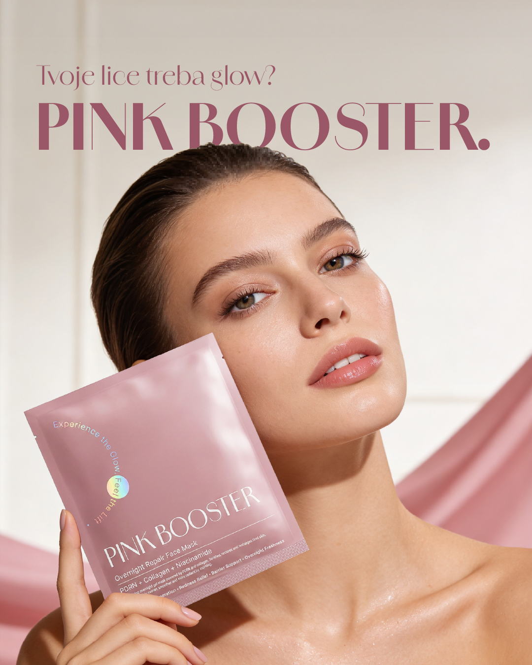 Model holding PINK BOOSTER sheet mask